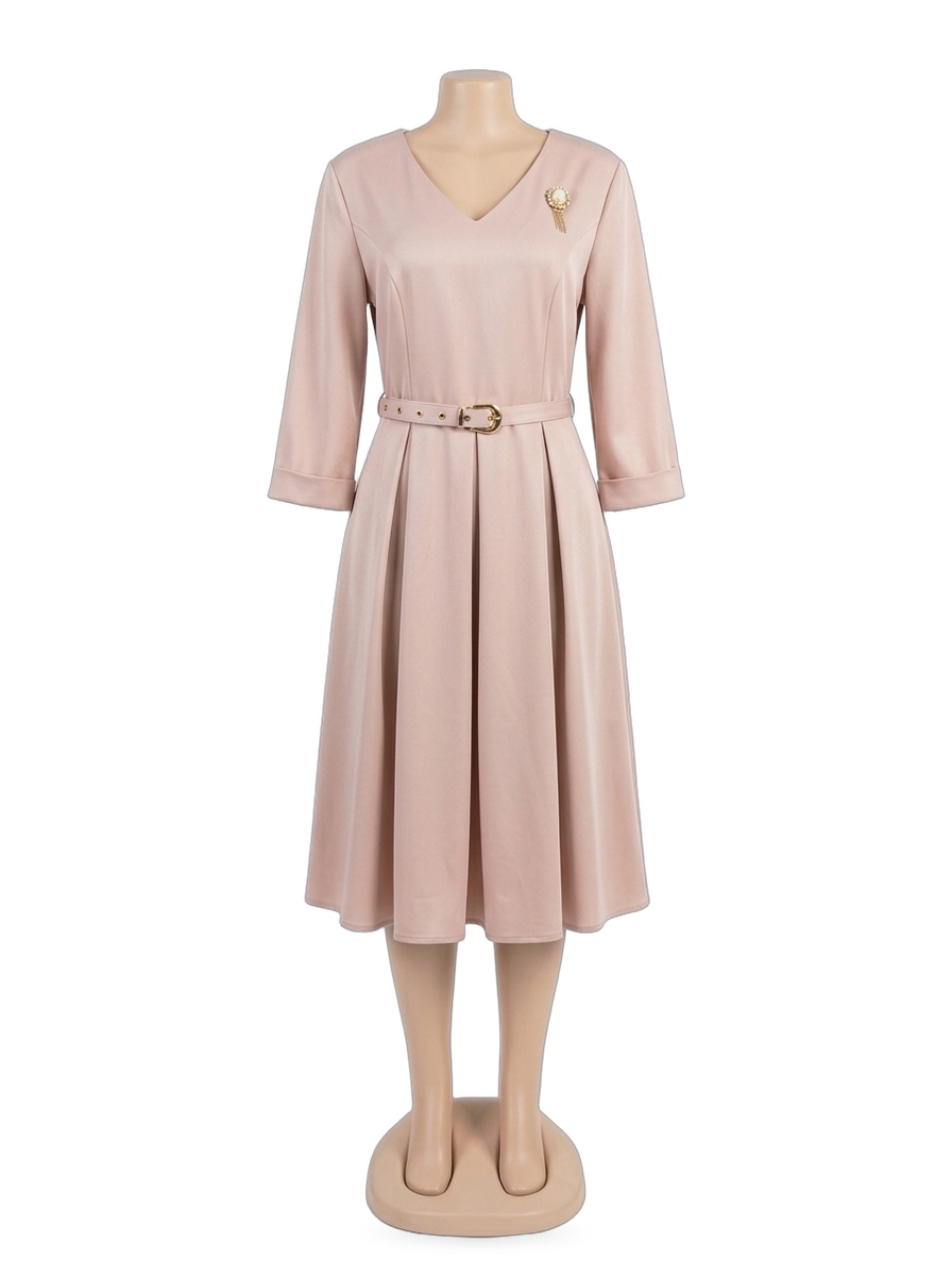 Pearl Blush Pleated Belted Midi Dress